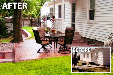 Concrete staining and polishing are great options for garage floors. Colored and stamped concrete patio - Before and after ...