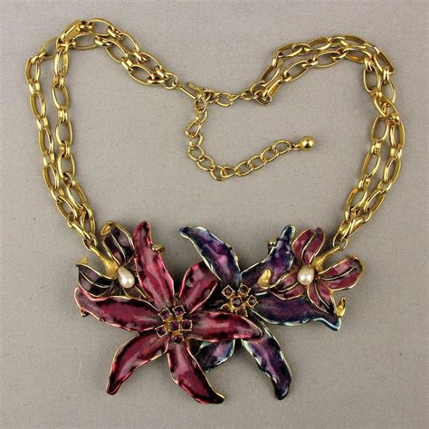 Vintage Kenneth Lane Enamel Flower Necklace Bold Jeweled Gorgeous