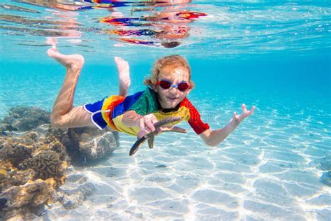 Child Snorkeling Kids Underwater Beach And Sea Stock Photo Image Of