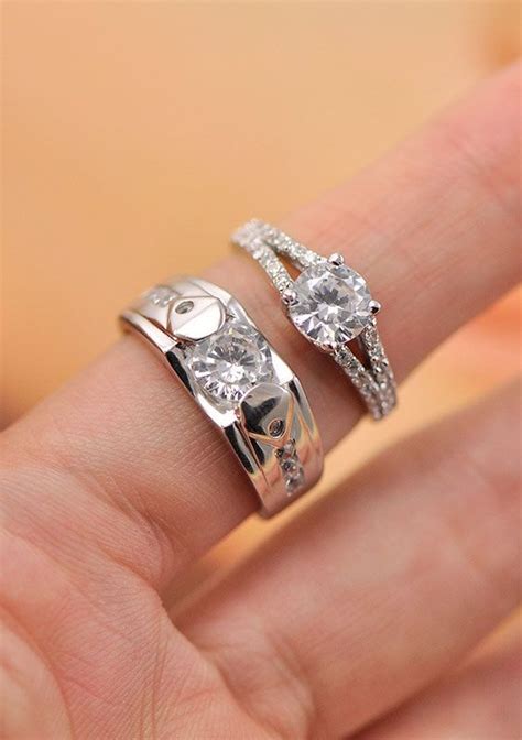 matching couple engagement rings set with cubic zirconia diamond cheap wedding rings for