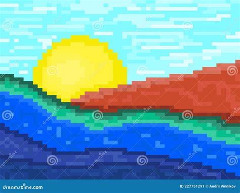Pixel Landscape With River Sun And Hills Sunrise Over The Mountains