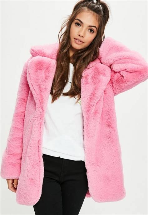 Pink Faux Fur Coat Featuring Two Front Pockets Full Lining And Oversized Collar Pink Faux
