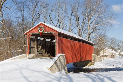 Covered Bridge Over Small Creek Stock Photo Image Of Covered White