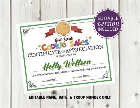 Girl Scout Cookie Printable Certificate Cookie Mom Or Etsy