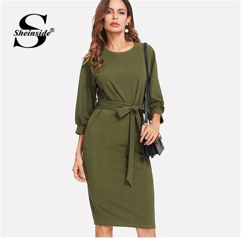 Sheinside Army Green Workwear Bodycon Midi Dress Office Ladies Long Sleeve Knee Length Belted