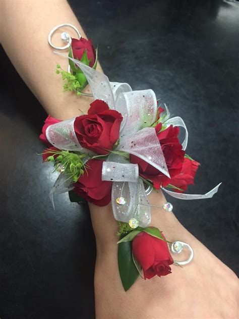 Wristlet Corsage Jewelry With Red Spray Roses Silver Sparkle Ribbon Silver Wire And Iridescent