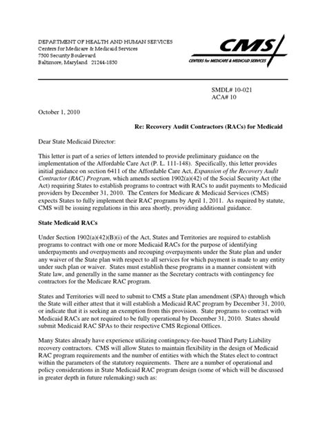 State Medicaid Director Letter Recovery Audit Contractors Racs For