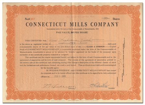 Connecticut Mills Company Stock Certificate Ghosts Of Wall Street