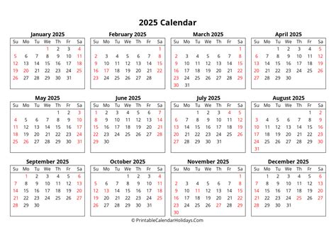 2025 Yearly Calendar Week Starts Sunday