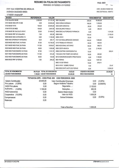 Resumo Da Folha De Pagamento Vila Vicentina De Arealva