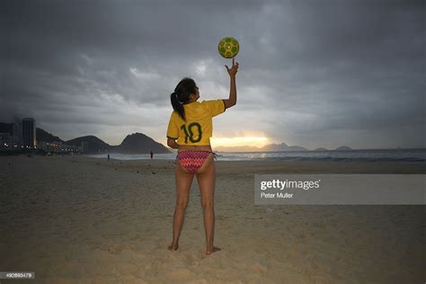 Mature Woman Balancing Soccer Ball On Finger Copacabana Beach Rio De