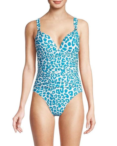 calvin klein leopard print one piece swimsuit in blue lyst