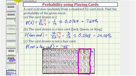 Learn how to solve some common probability problems covered in your math class with a standard deck of 52 playing cards in this free math video tutorial by. Ex: Find Basic Probabilities Using a Deck of Playing Cards - YouTube