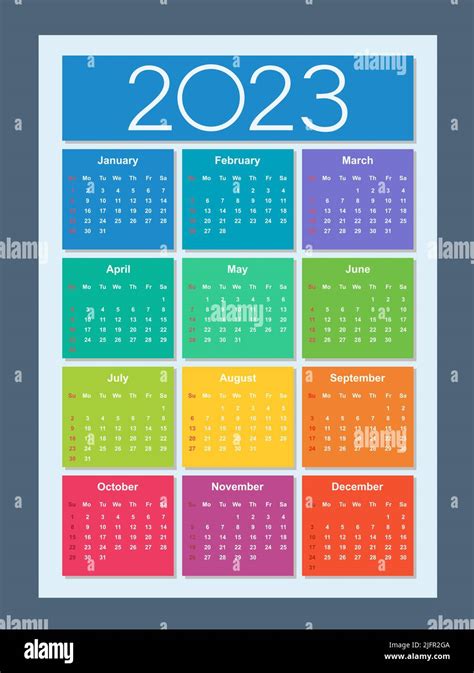 Colorful Calendar For 2023 Year Week Starts On Sunday Vertical
