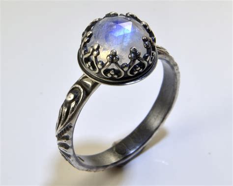 Moonstone Ring Sterling Silver Faceted Rose Cut Rainbow Moonstone