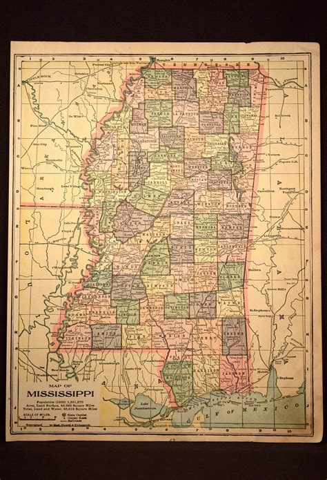 Antique Map Mississippi State Early 1900s Original 1903