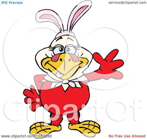 Clipart Of A Friendly Waving Chicken Hen Wearing Easter Bunny Ears