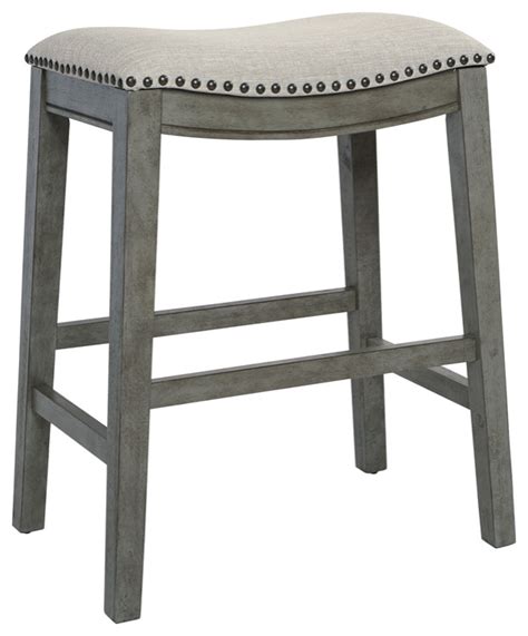 Saddle Wood Stool 24 Gray Fabric And Antique Gray Base And Nailheads 2