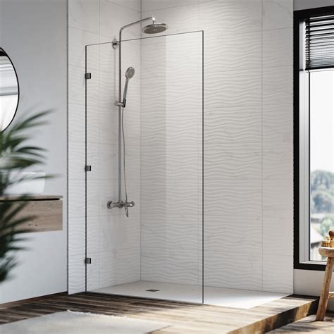 Black Frameless Shower Screen Walk In Shower Door Fixed Panel And Base 80