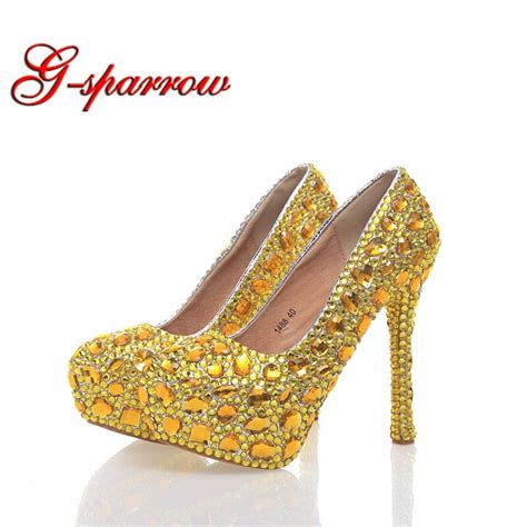 fashion gold rhinestone high heels party prom bridal wedding women shoes with platforms plus