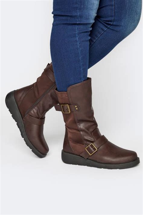 Brown Faux Leather Buckle Knee High Boots In Extra Wide Fit Yours