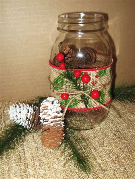 Christmas Burlap Mason Jar Etsy Mason Jar Christmas Decorations