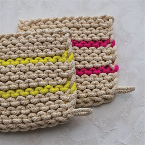 Square Cotton Crocheted Pot Holder W Neon Stripes Colors