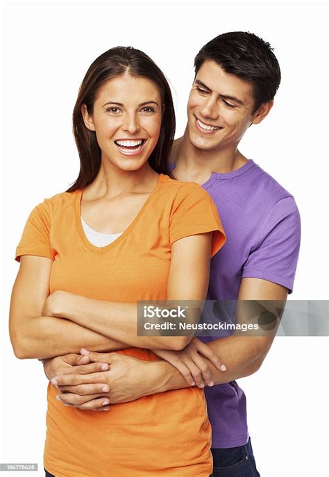 Woman Being Embraced By Boyfriend Isolated Stock Photo Download Image