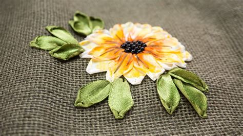 Flower Decorations On Burlap Fabric Ribbon Embroidery By Handiworks