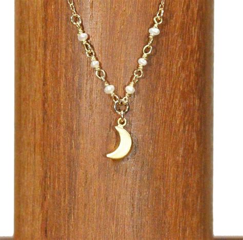 Moon Necklace With Pearls Gold Crescent Moon Pendant Beaded Pearl