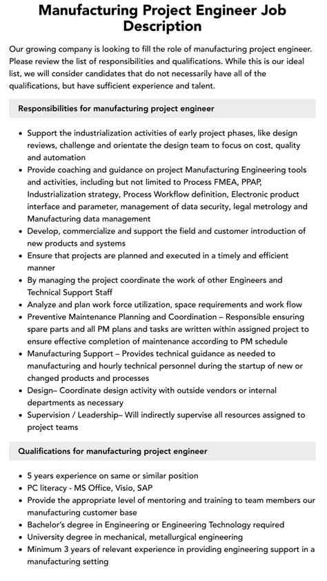 Manufacturing Project Engineer Job Description Velvet Jobs