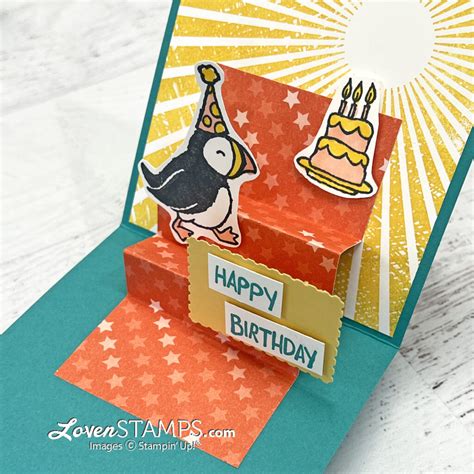 Simplest Pop Up Ever Party Puffin Stair Step Pop Up Card With Stampin Up®s Rays Of Light