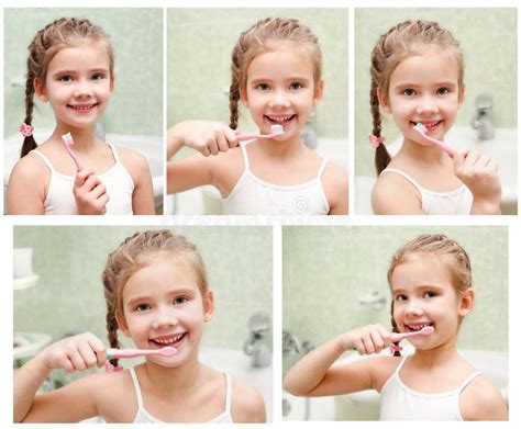 Sammlung Lächelnde Nette Bürstende Zähne Des Kleinen Mädchens Der Fotos