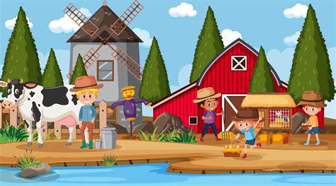 Farm Scene With Many Kids Cartoon Character And Farm Animals 2712360
