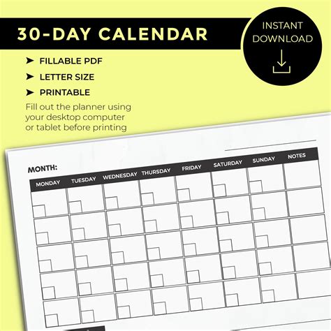 30 Day Calendar Monthly Planner Calendar Fillable And Etsy España