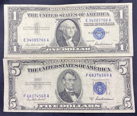 Old Us Paper Currency Collection 5 Dollar Blue And 1 Dollar Blue Etsy