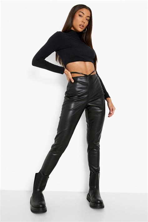 women s strappy high waisted leather look skinny trouser boohoo uk