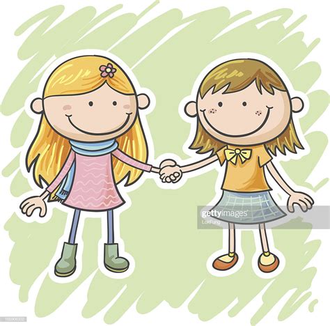 Two Little Girls Are Holding Hands High Res Vector Graphic