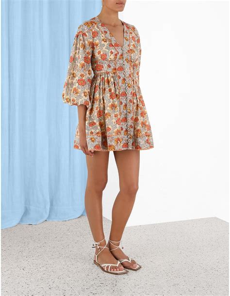 Zimmermann Andie Buttoned Mini Dress Dusty Blue Floral Womens