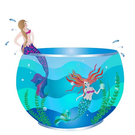 Illustration Of Mermaids Swimming In An Aquarium Fish Bowl Concept
