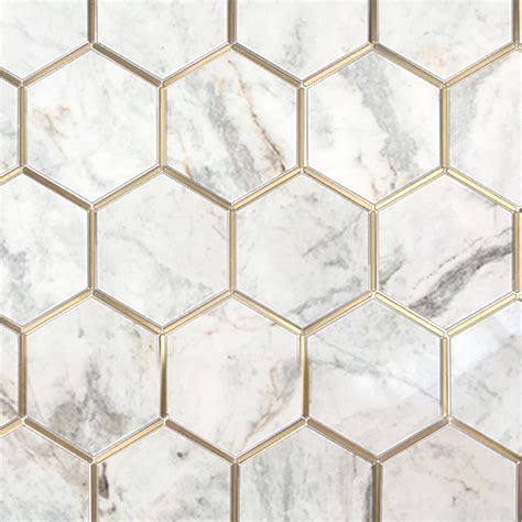 Bianco Orion Brass 6 In Hexagon Polished Marble Mosaic Marble Mosaic