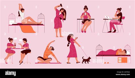 Woman Daily Routine Set With Isolated Icons With Doodle Style Female Characters During Various