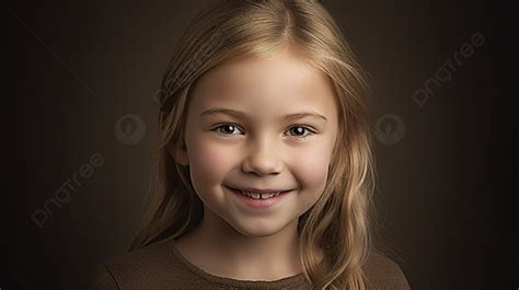menina está sorrindo para a câmera na frente de um fundo escuro exemplo de foto de retrato