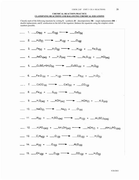 Writing and balancing equations worksheet. Reaction Types Worksheet - worksheet