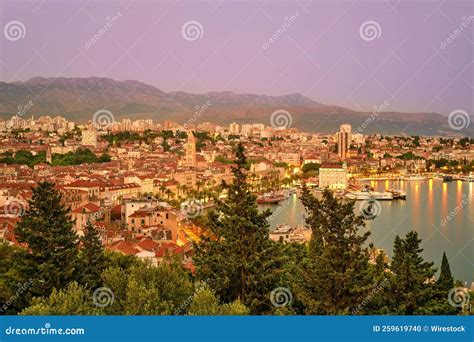 Aerial Shot Of Split Cityscape In Croatia During Sunset Stock Photo
