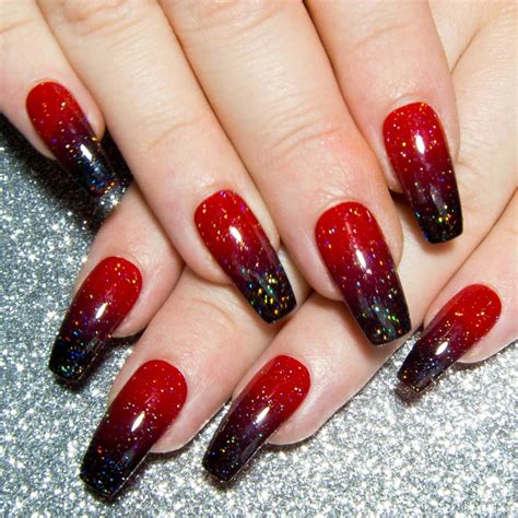 Red And Black Ombré Nail Design Hand Painted Press On Coffin Fake Nails