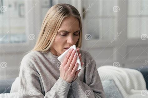 Illness Woman Has Respiratory Infection And Runny Nose Stock Image Image Of Runny Female
