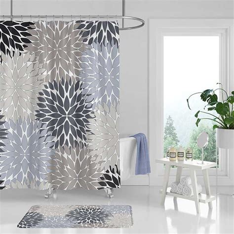 Floral Shower Curtain And Bath Mat Set In Blue Beige And Gray