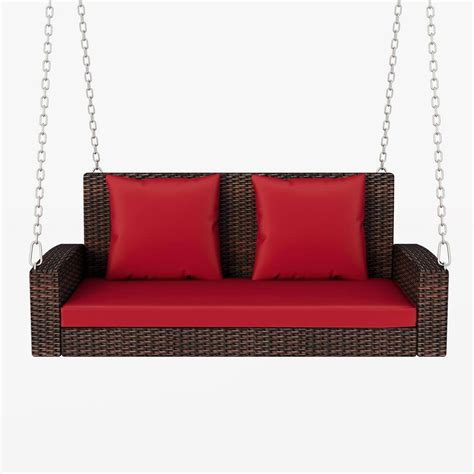 Sudzendf 50 In 2 Person Brown Wicker Hanging Porch Swing With Red