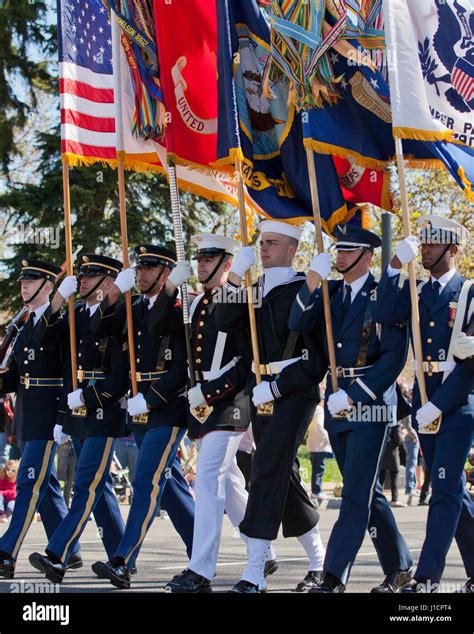 Joint Service Color Guard Honor Guard Marching In Parade Usa Stock
